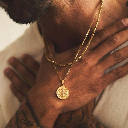 COMPASS PENDANT | Gold mens durable with wheat chain